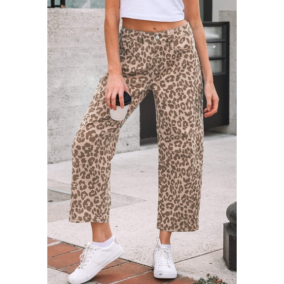 I AM A FASHION JUNKY Khaki Leopard Print Straight Loose Jeans
