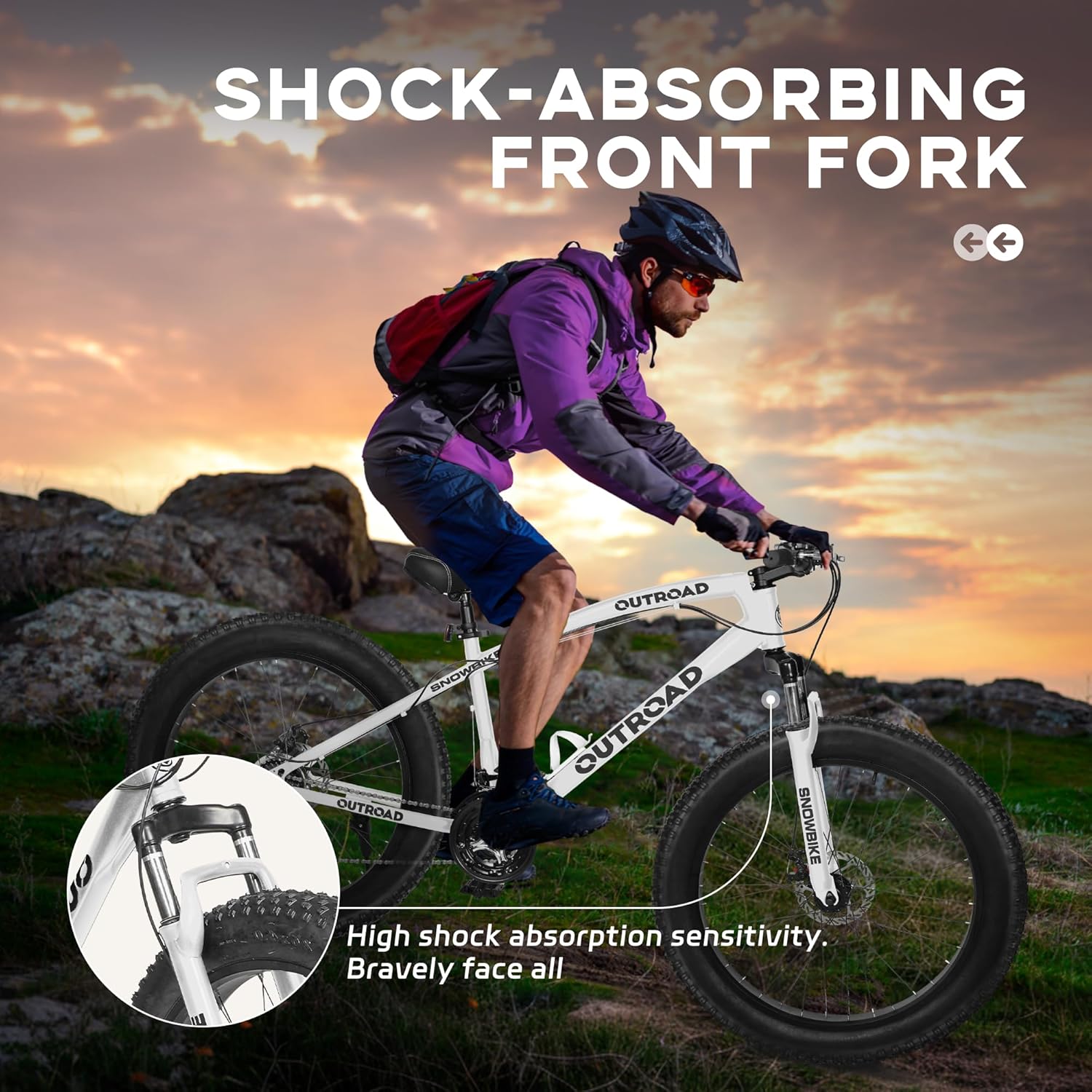 Marknig Fat Tire Mountain Bike with 26 inch Wheels, 21 Speed Bicycle with High Carbon Steel Frame, Double Disc Brake and Front Suspension Anti-Slip for Adult,White