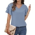 thumbnail image 2 of Camiseta de Mujer Color Puro Cuello en V Puños con Volantes Top de Manga Corta cómodo y a la Moda para Citas en casa en la Oficina Azul Claro XL, 2 of 6