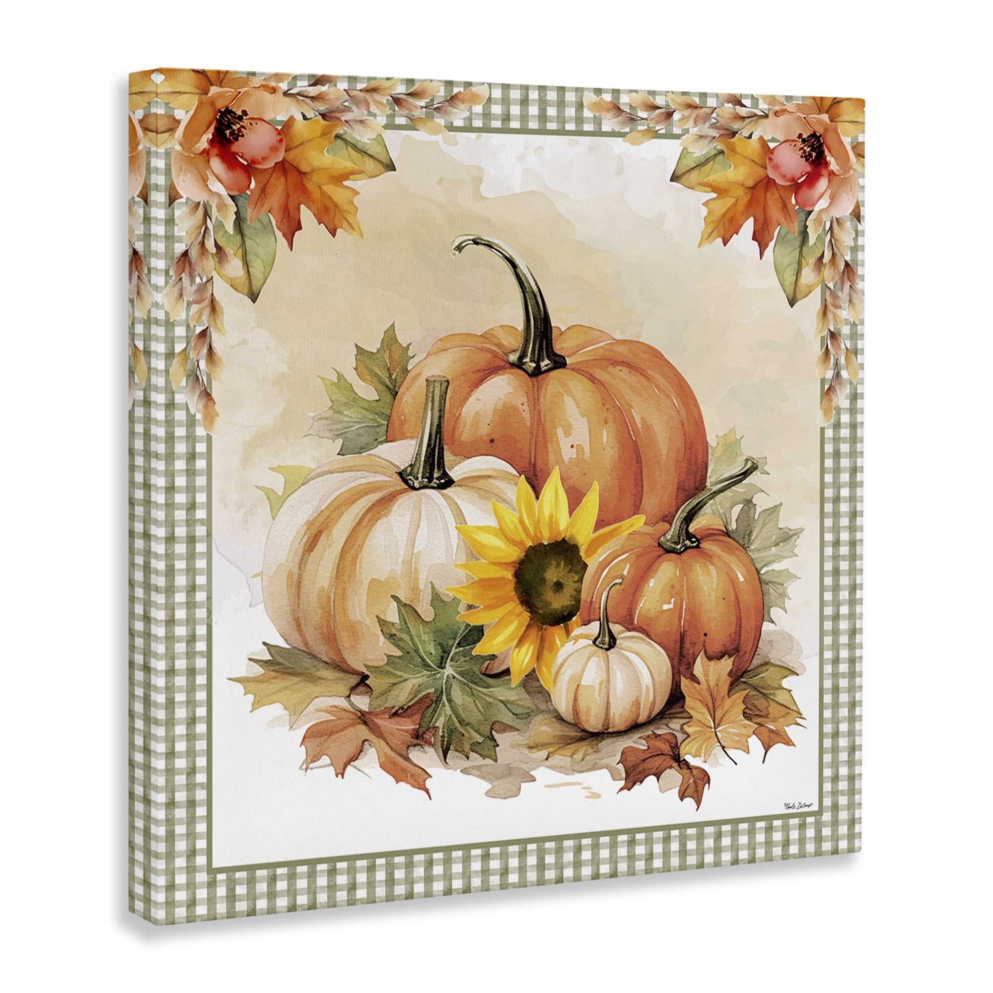 Stupell Industries Autumn Pumpkins Floral Border Botanical & Floral Painting Gallery Wrapped Canvas Art Prints Wall Art, 17 x 17