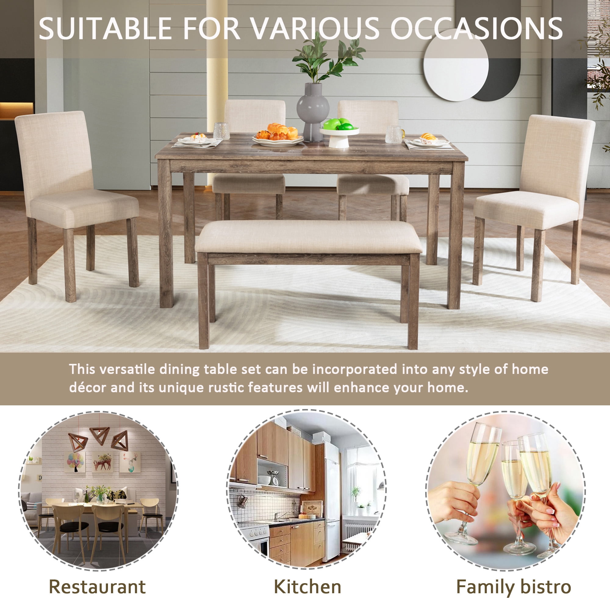 BSHTI 58.5" Wood Modern 6-Piece Dining Table Set with Fabric Upholstered Chairs, Bench, Rustic Design for Kitchen/Dining Room(Brown)