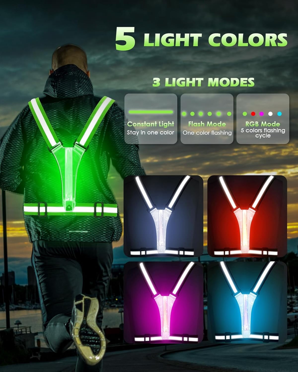 LED Reflective Vest Running Gear, 5 Lights Colors High Visibility Reflective Running Gear Rechargeable Light Up Running Vest for Walking Running Cycling, Adjustable for Men Women Kids (2 pack)