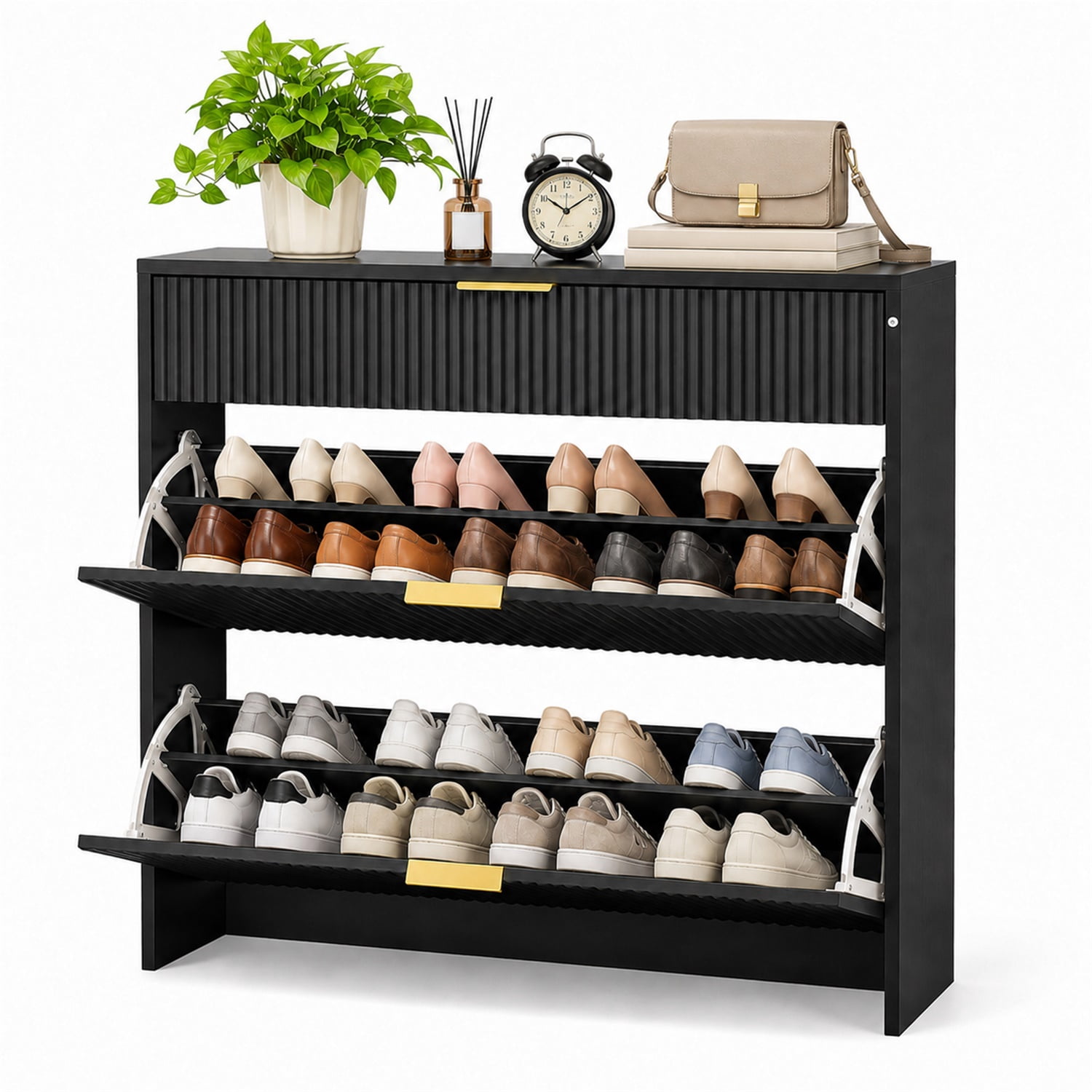 Hommoo Modern Narrow Fluted Shoe Storage Cabinet with Gold Pull Handles, Freestanding Slim Shoe Organizer for Entryway, Hallway or Bedroom Closet, Black