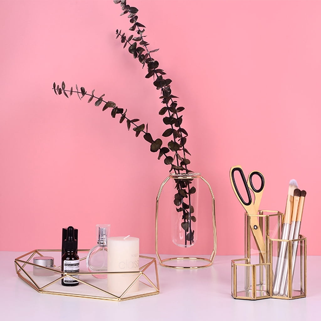 Glass Gold Pen Holder Hexagon Shaped for Desk Pens Rulers Makeup Brush Storage Gilde Multifunctional Combination for Case Container