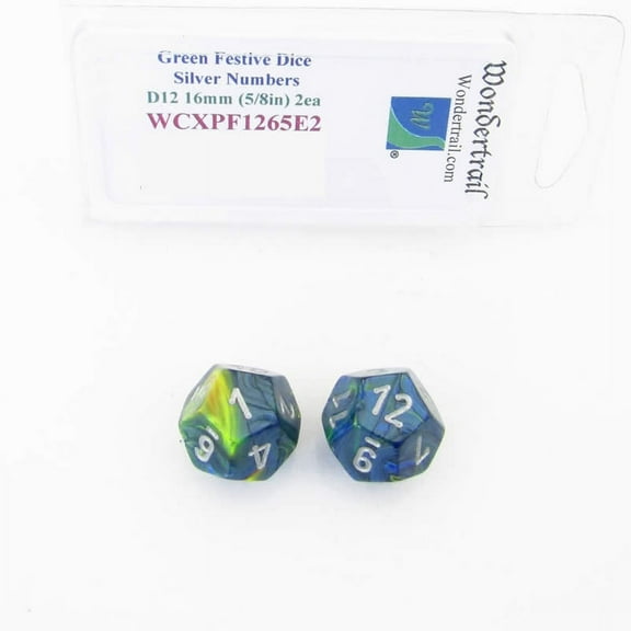 Green Festive Dice with Silver Numbers D12 Aprox 16mm (5/8in) Pack of 2 Wondertrail