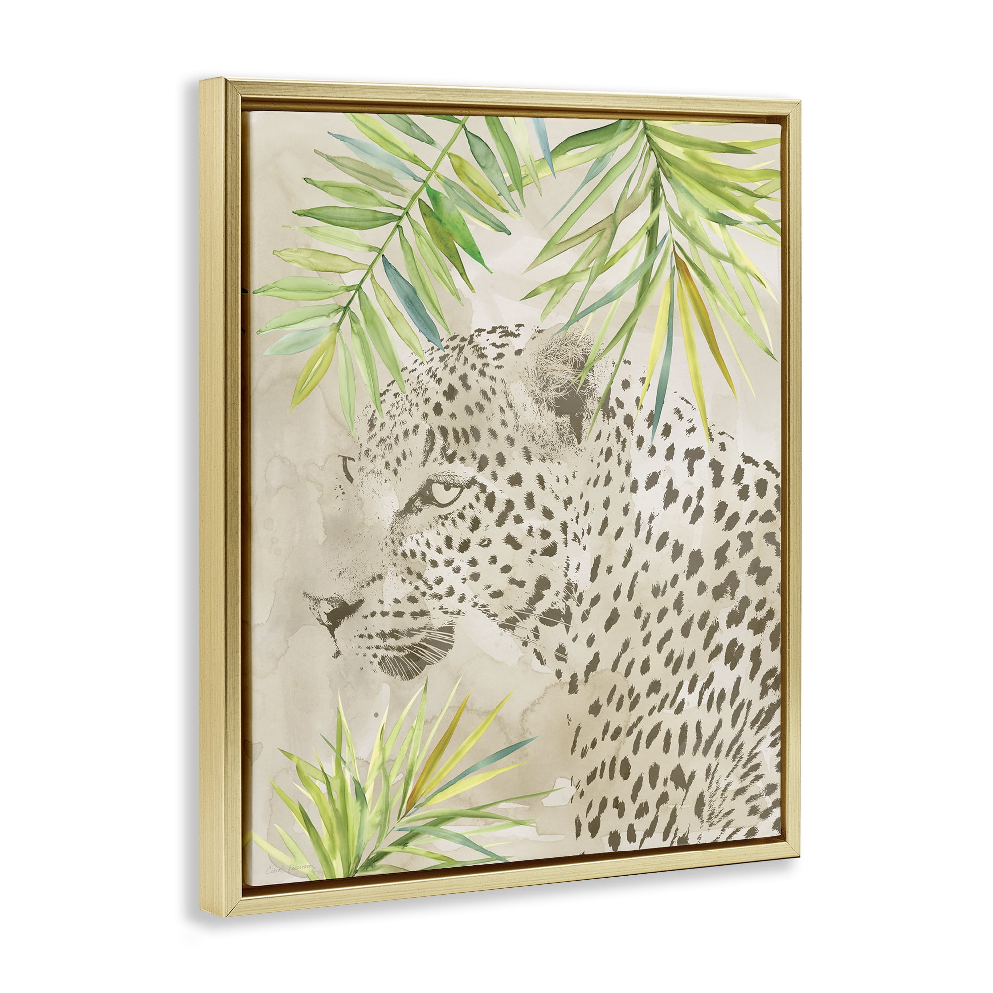 Stupell Industries Leopard Impression & Palms Animals Painting Gold Floater Framed Canvas Art Print Wall Art, 25 x 31