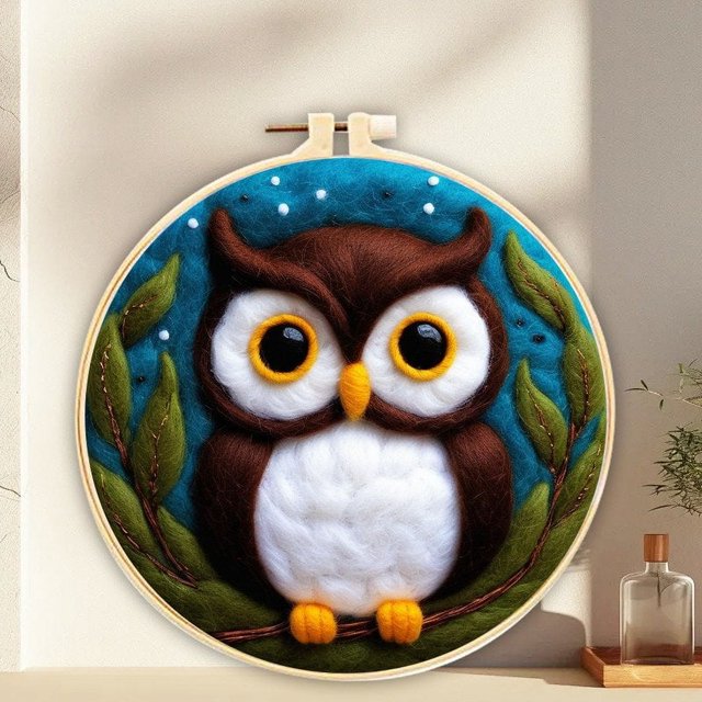 HLONK Owl Needle Felting Set Beginner Felt Painting Set with Wool Felt Painting Set Decorative Frame Suitable for Home Decoration Christmas Gift