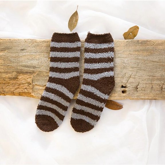 2 Pairs Stripe Pattern Polyester Faux Fur Knitting Socks Camel 250x70mm Winter Warm Thermal Men Women