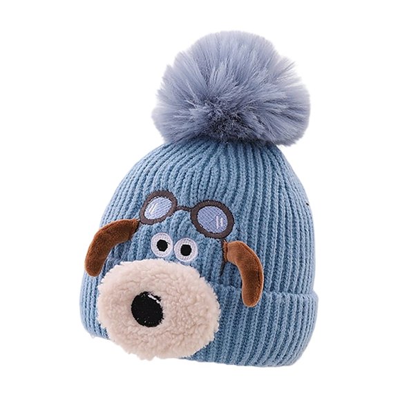 HGIEYS Toddler Winter Knit Beanie Cute Pilot Dog Embroidery Warm Pom Pom Hat for Baby Boys Girls 1-5 Years