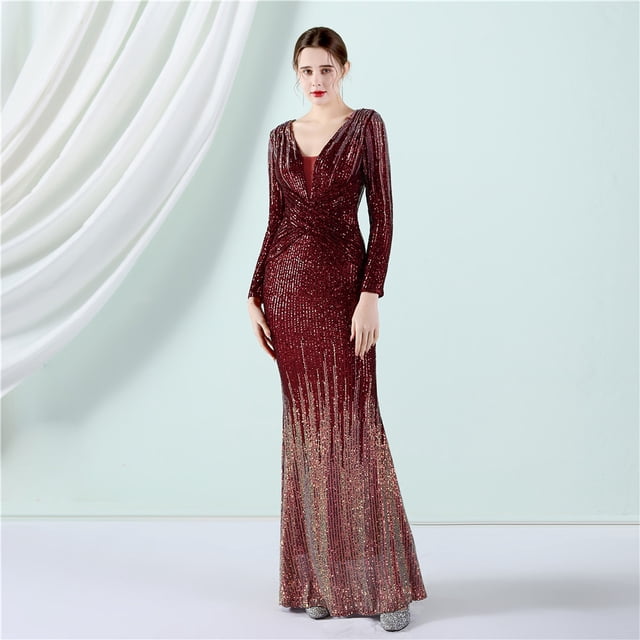 Vestido de noche de manga larga con cuentas degradadas, vestido largo de lentejuelas de moda de primavera y verano, tostado