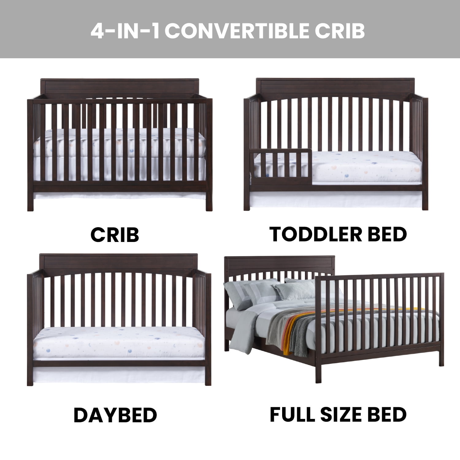 Oxford Baby Harper 4-in-1 Convertible Crib, Espresso Brown, GREENGUARD Gold Certified, Wooden Crib