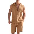 thumbnail image 3 of Men's Summer Casual Linen Cotton Hooded Sleeveless Shirt Shorts 2 Piece Set Loose Fit Solid Color Outfits for Beach Vacation Golf Streetwear Loungewear Modern Fashion Essential, 3 of 9