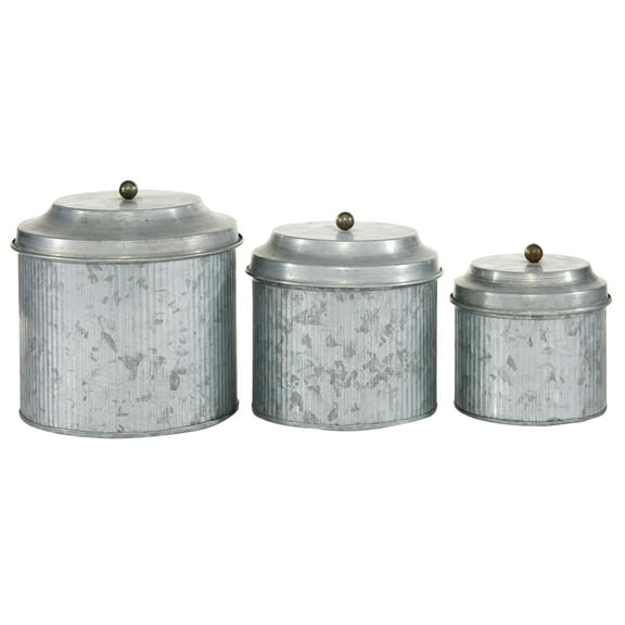 DecMode 8", 7", 6"H Silver Metal Galvanized Decorative Jars, 3-Pieces