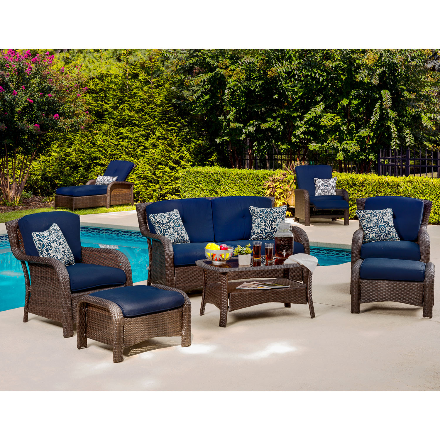 Hanover Strathmere 6-Piece Steel Outdoor Patio Deep Seating Set with Brown Wicker, Navy Blue Cushions, 4 Pillows and Glass Top Rectangular Coffee Table, STRATHMERE6PCNVY - image 3 of 18