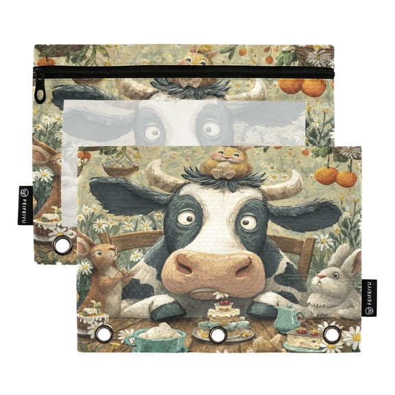 2 Pack 3 Ring Binder Pouch with Clear PVC Window Water Resistant Zipper Pencil Pouch Cute Cow and Rabbits Binder Pocket for Classroom Office Home Stationery Organization