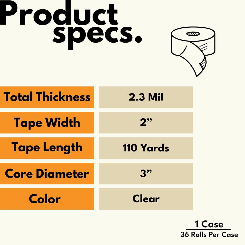 Shield Tape 36 Rolls - 2.3 Mil - Carton Sealing Packing Acrylic Tape for Smooth unwind, Secure Seal, Clear, 2" x 110 Yard (330 ft), 3" Core