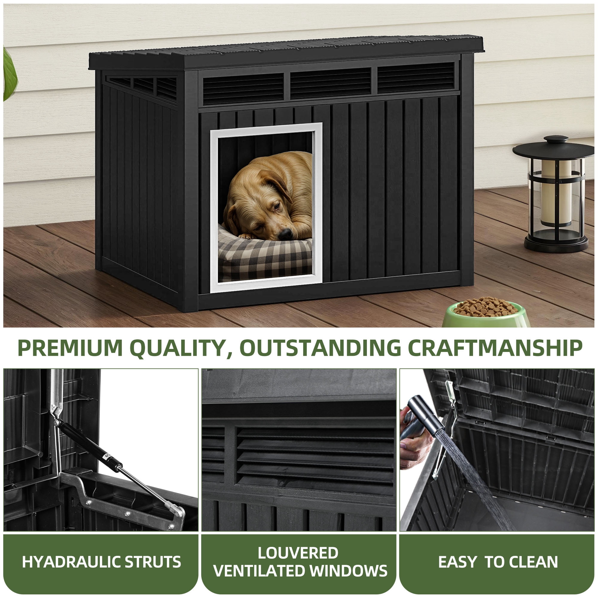 Uforic 32" Plastic Dog House, Outdoor Indoor Dog Kennel with Liftable Roof & Good Ventilation for Medium Dogs,Black