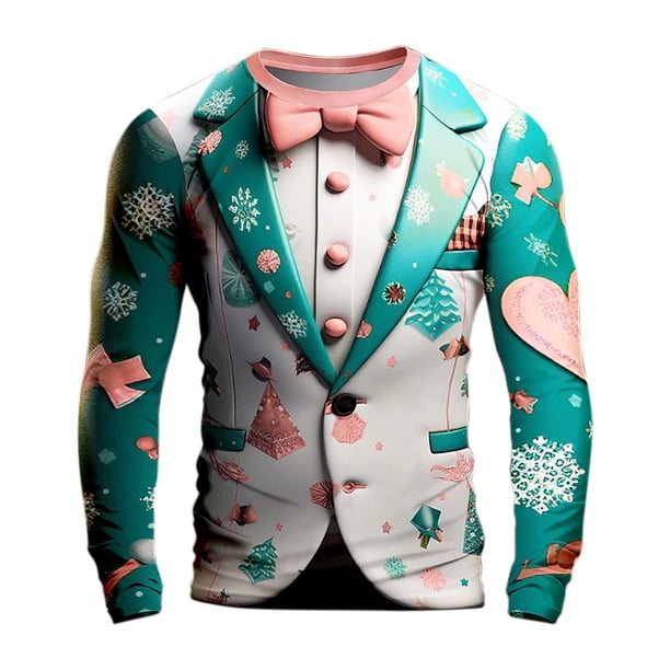 Playeras Para Gimnasio Para Hombre, Camiseta De Manga Larga Para Otoño E Invierno, Cuello Redondo, Estampado Completo, Ambiente Festivo, Celebración
