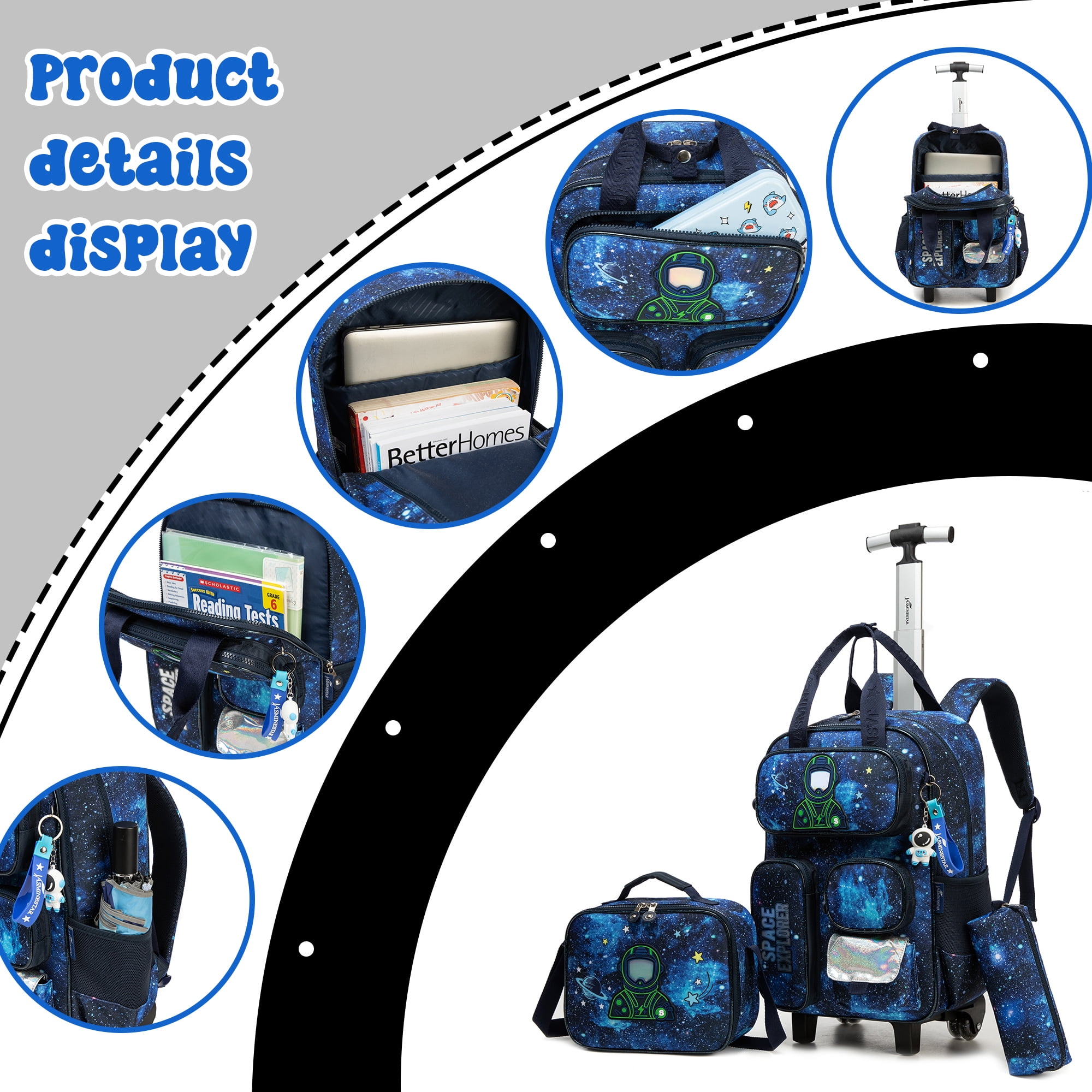 Kids Rolling Backpack for School Boys with Wheels Roller Backpacks with Lunch Box Pencil Case for Ages 8-10