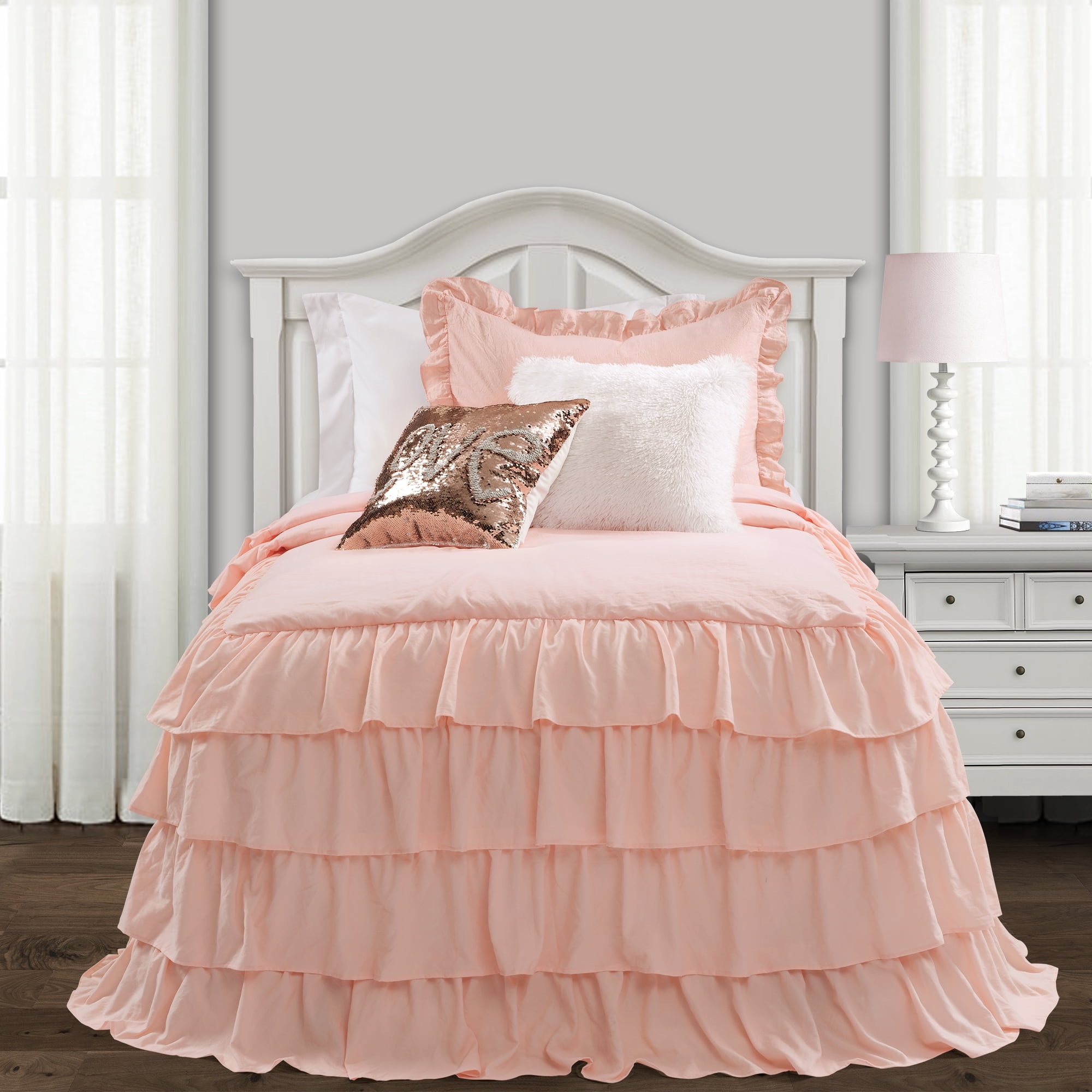 Lush Decor Allison Ruffle Skirt Polyester Bedspread, Twin XL, Blush, 2