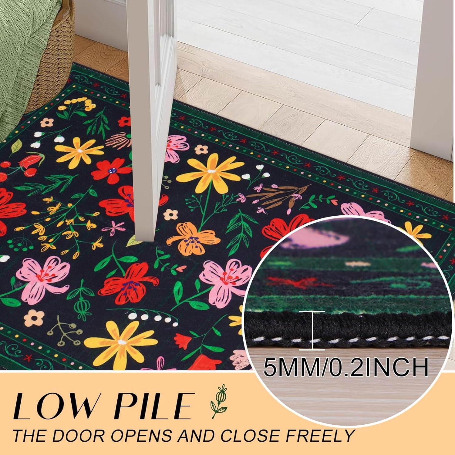 BLEUM CADE Round Area Rug for Bedroom,Flower Spring Rug Machine Washable Soft Carpet for Kids,Black,4x4 ft
