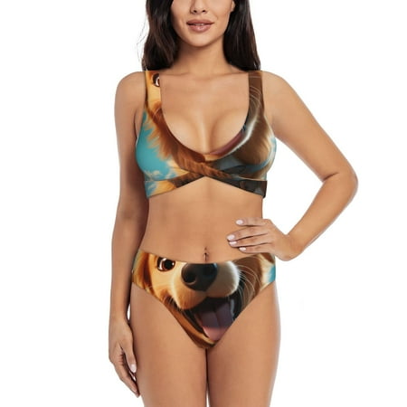 Zeuib Blue Sky Cute Dog High Waisted Tummy Control Bikini Set - Knot Front Push Up Top & Cheeky Thong Bottom  Two-Piece Swimsuit for Women-Large