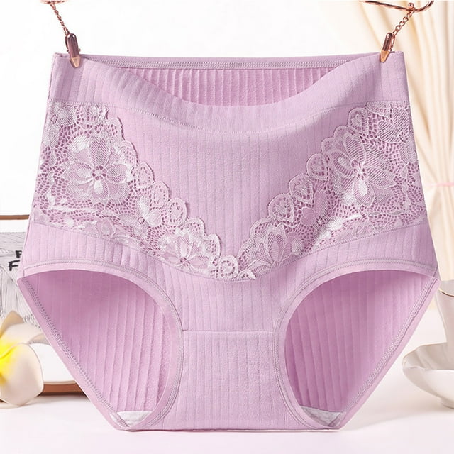 Meichang Womens Cotton Underwear Plus Size Soft Lace Patchwork Ribbed Panties High Waisted Comfort Leak Proof Briefs Panties