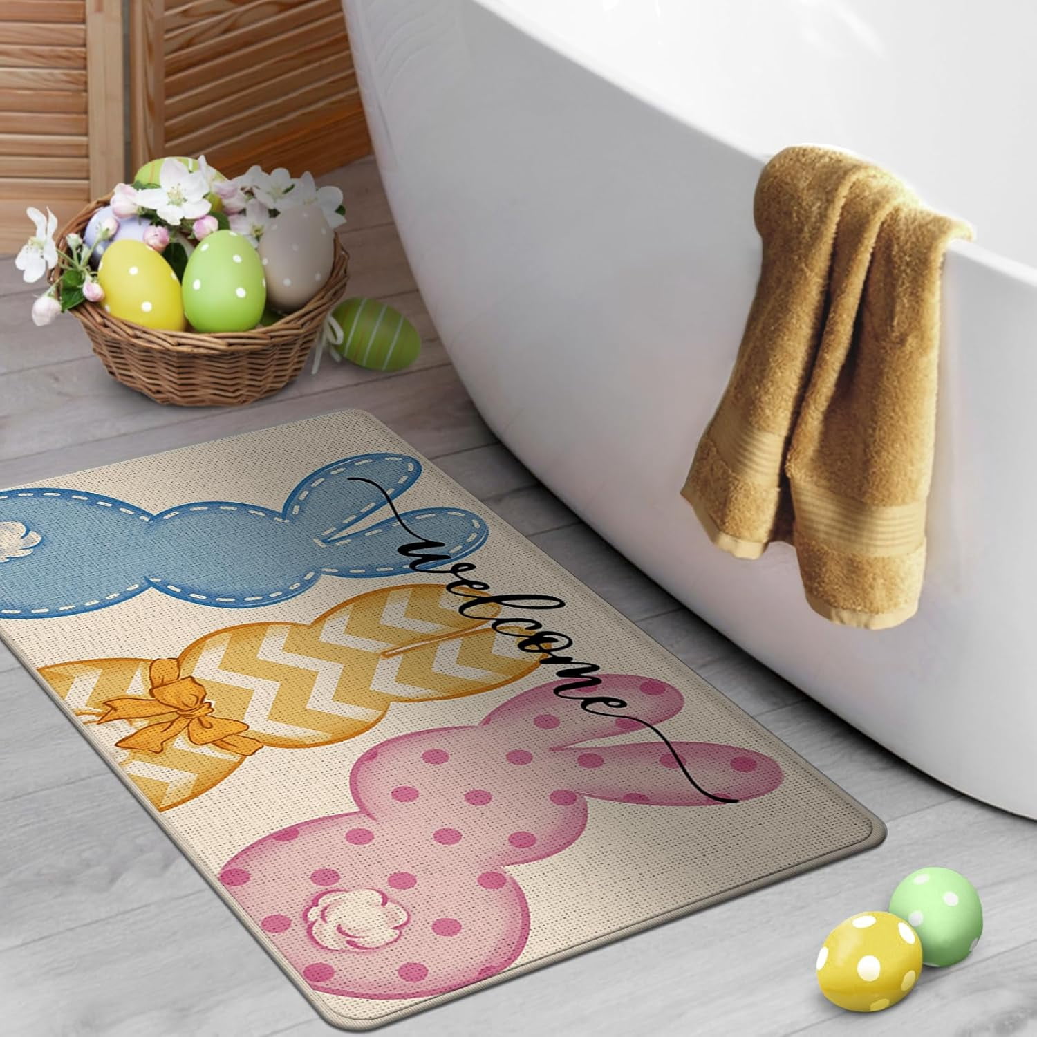 Welcome Easter Peeps Bunny Decorative Front Door Mat, Cute Rabbit Doormat Indoor Outdoor Non-Slip Floor Entryway Rug, Spring Home Kitchen Decoration 17x30 Inch