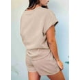 thumbnail image 6 of Women'S 2 Piece Solid Color Round Neck Casual Textured Fabric Short Sleeve Pajamas Sweatsuit Set Khaki M, 6 of 7