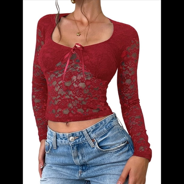 Top Corto de Encaje Y2K para Mujer, Cuello en U, Lazo, para Discoteca, Conciertos y Salidas. Vino Tinto XS