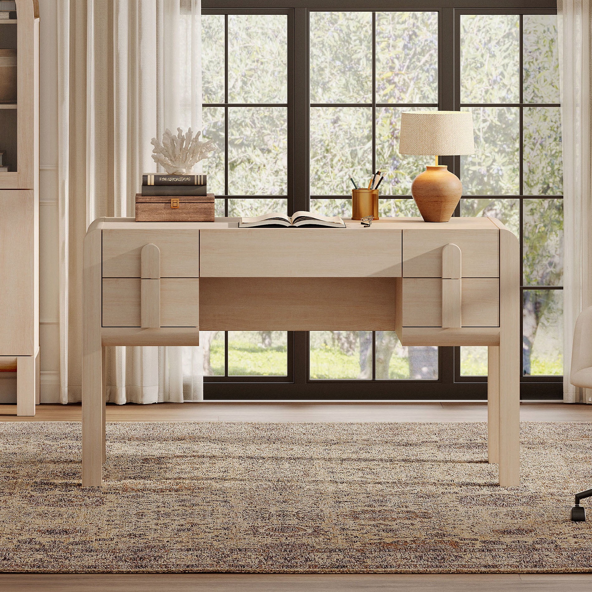 53.5"W Mid-century Modern Executive Desk with 5 Drawers , Home Office Desk With Charging Station，Wood Computer Desk With Curved Profile Design，Standing Desk For Business Furniture Set Workstation