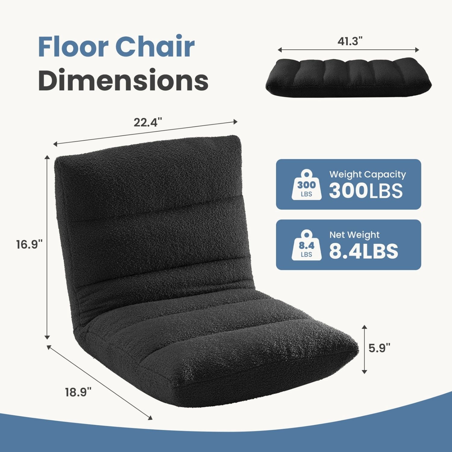 Folding Floor Chair, Adjustable 14-Position Gaming Chair with 5.9" Thick Cushion, Soft Velvet Cover & Steel Frame, Portable Floor Seating for Adults, Black