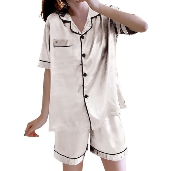 hotojiny Silk Pajamas for Women Plus Size Short Sleeve Sleepwear Soft Button down Loungewear 2 Piece Satin Pjs Shorts Set with Pockets