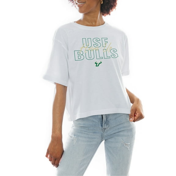Women's Gameday Couture White South Florida Bulls Slogan Boxy Fit Cropped T-Shirt