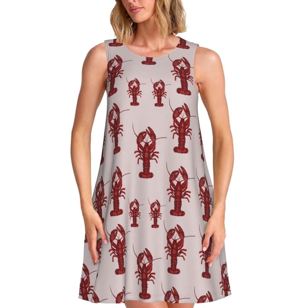 Fotbe Red Lobster With Claws Vestido de Verano sin Mangas para Mujer – Vestido Midi Línea A, Estilo Camiseta Floral, Vestido Playero Casual y Fluido