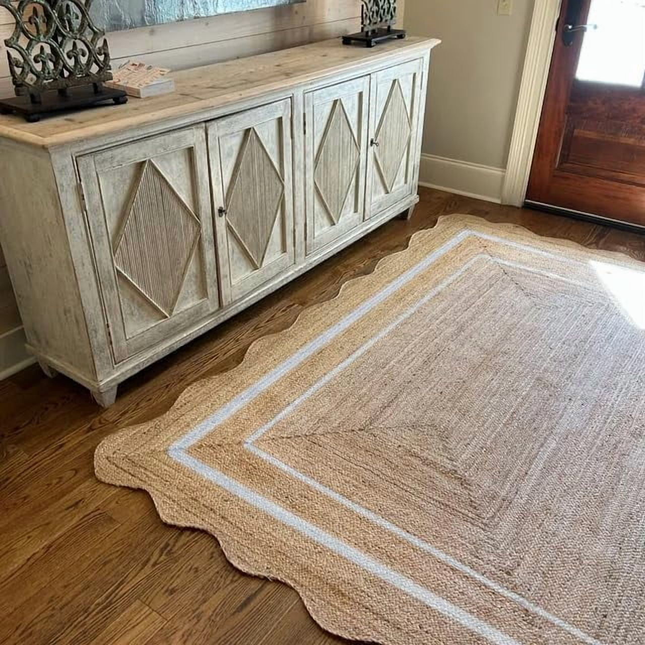 2x8 Ft White Border Premium Scalloped Jute Rug, Handcrafted Natural Braided Carpet for Living Room, Bedroom, Entryway, Hallway etc.