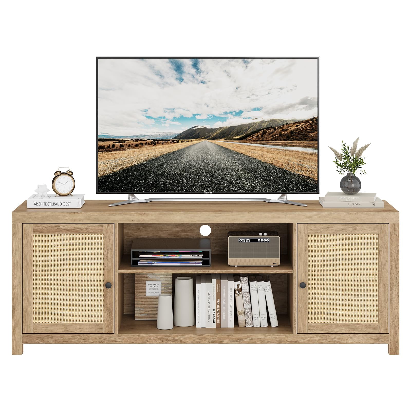 TROPOW Tv Stands for Living Room,Boho TV Stand for 65 Inch TV, Rattan Entertainment Center with Storage, Wood TV & Media Console Under TV Cabinet for Living Room Bedroom, Natural Oak - 57inch