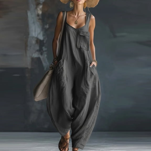Women’s Loose Fit Sleeveless Jumpsuit with Pocket Design Relaxed Wide Leg Overalls for Casual Daily Wear Gray S