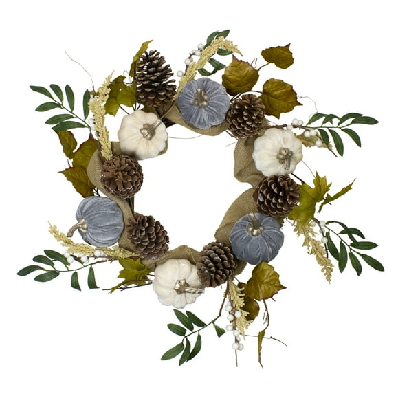 Northlight Pumpkins and Pinecones Artificial Burlap Fall Harvest Wreath - 24" - Beige and Green