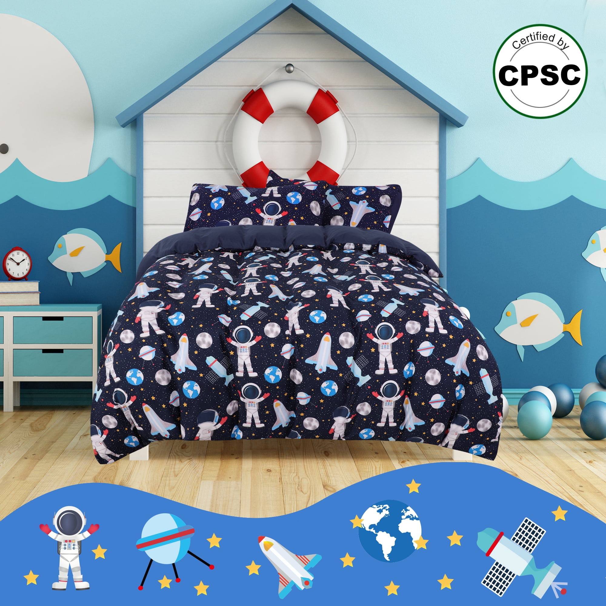Unique Bargains 5 Piece Polyester Space Astronaut Pattern Kid Bedding Set Queen