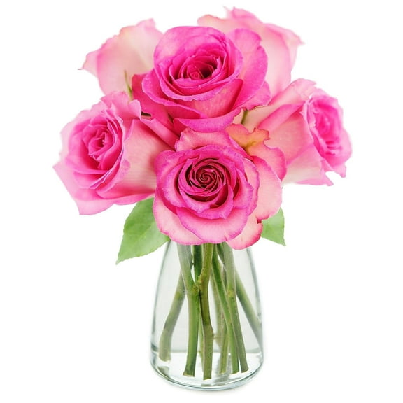 KaBloom : 6 Pink Roses, 3 Greens with vase, Next-Day Delivery, Gift for Every Occasion.