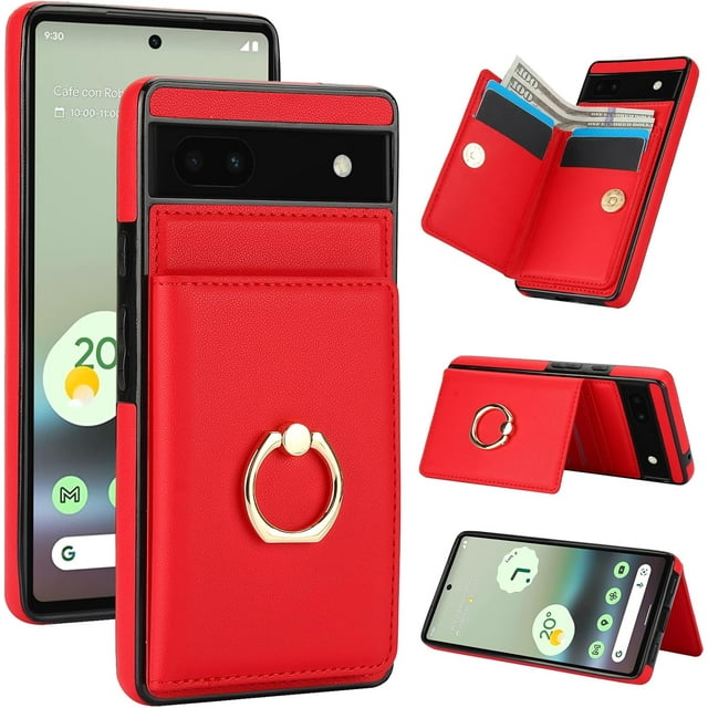 MYKOMI for Google Pixel 6A Wallet Case, Leather Case with Credit Card Holder and 360° Rotation Ring Stand, RFID Block Flip Leather Shockproof Cover