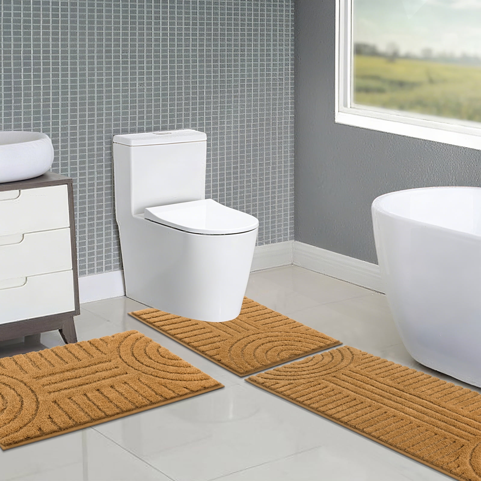 Bathroom Rugs Sets 3 Piece, Soft Absorbent Microfiber Bath Mats and U-Shaped Contour Toilet Rug, Plush Shaggy Bath Mat Set for Bathroom