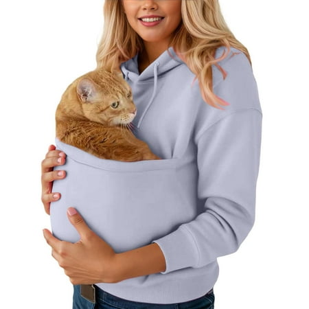 Women s Pullover Hoodies with Cat Pocket - Cute Jumper with Pet Bag - Long Sleeve Plus Size Cat Dog Carrier Sweater Top with Pouch for Pets Grey M