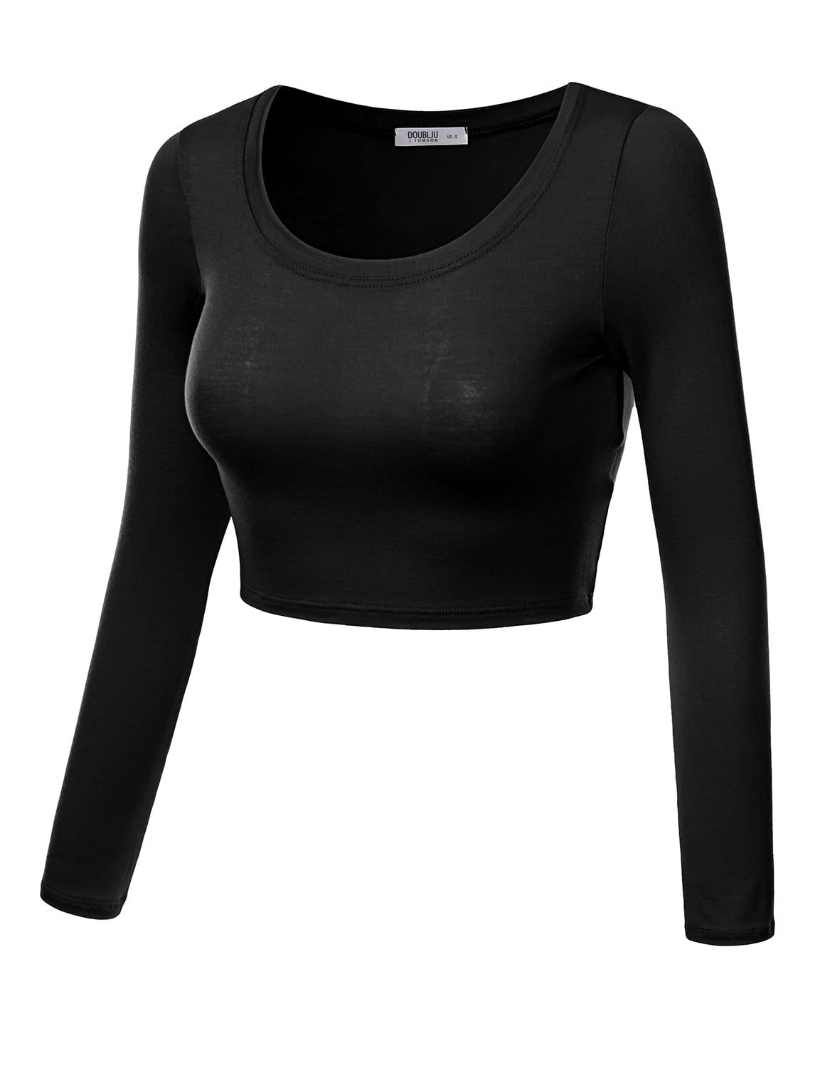 Doublju Women's Round Neck Slim Fit Long Sleeve Crop Tops (Female Plus ...