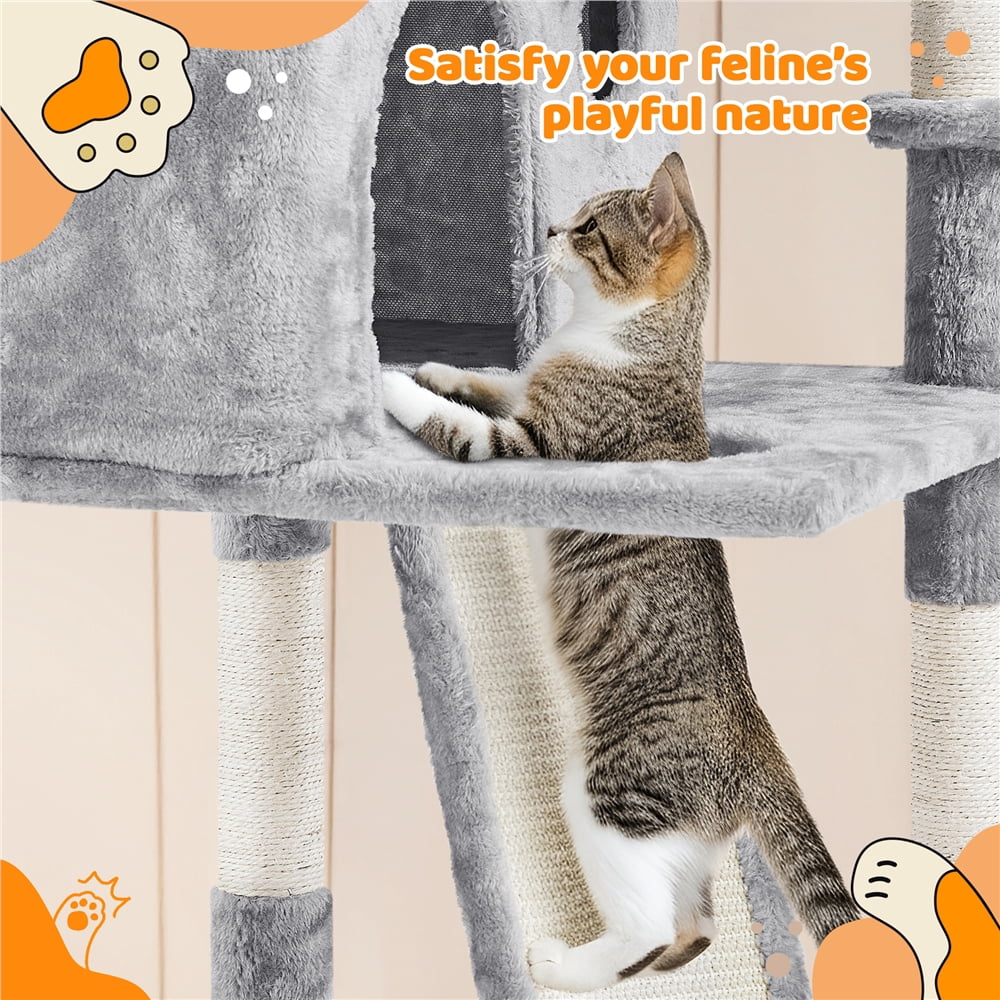 Yaheetech 76.4" Cat Tree Tower with 3 Condos and 2 Baskets, Light Gray
