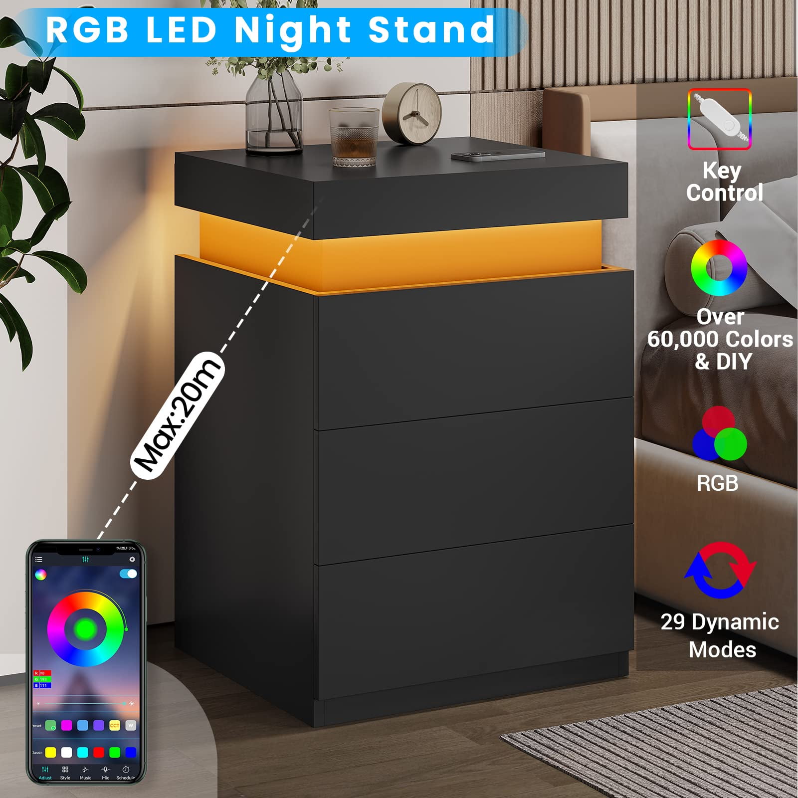 LED Nightstand Charging Station USB Port Outlets Bedside Table 3 Drawers Black Night Table Modern Smart Nightstand Sliding Top End Side Table for Bedroom Furniture 26.8" Tall,2pcs