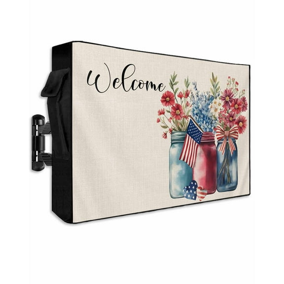 4th of July Outdoor TV Cover 60 to 65 Inch Waterproof, Independence Day Butterflies Spring Floral Rustic 600D Oxford TV Covers with Zipper, Outside Flat TV Screen Protector 58"Wx37"Hx4.5"D