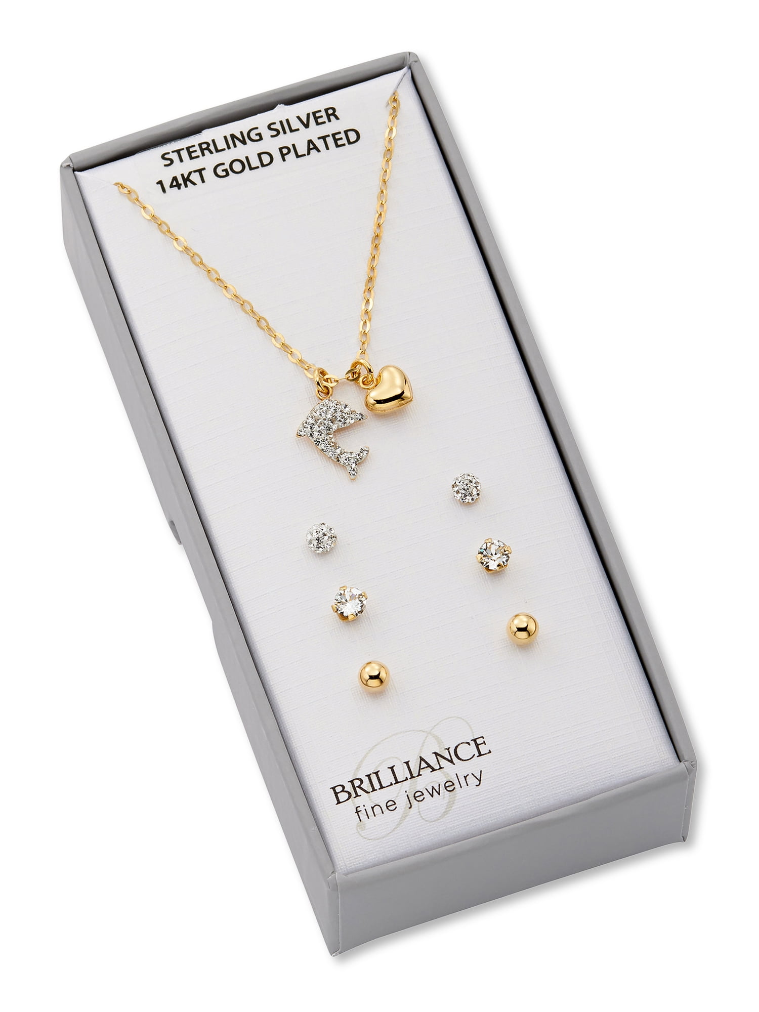 Brilliance Fine Jewelry 14K Gold-Plated Sterling Silver Dolphin Heart Necklace & Studs Children’s Set