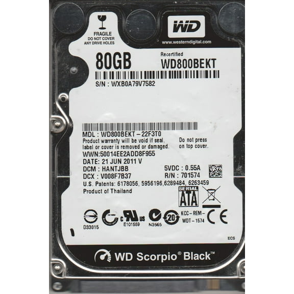 WD800BEKT-22F3T0, DCM HANTJBB, Western Digital 80GB SATA 2.5 Hard Drive